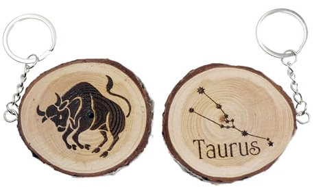 Generico Porte-clés en bois naturel avec symbole astrologique du Taureau et constellation Taureau, marron, Taille Unique
