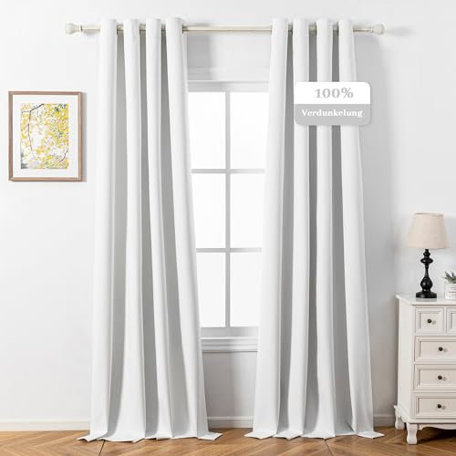 MYSKY HOME Gardinen mit Ösen Schallschutz Vorhänge Blackout Vorhang Leinenoptik Gardine Verdunkelungsvorhang für Kinderzimmer und Wohnzimmer,2er Set H 260 x B 140 cm,Weiß.