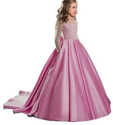 PLWEDDING Impresionante vestido de niña de flores con tren largo vestido de fiesta de satén para niños para fiesta de cumpleaños de Navidad, fucsia, 4-5 años