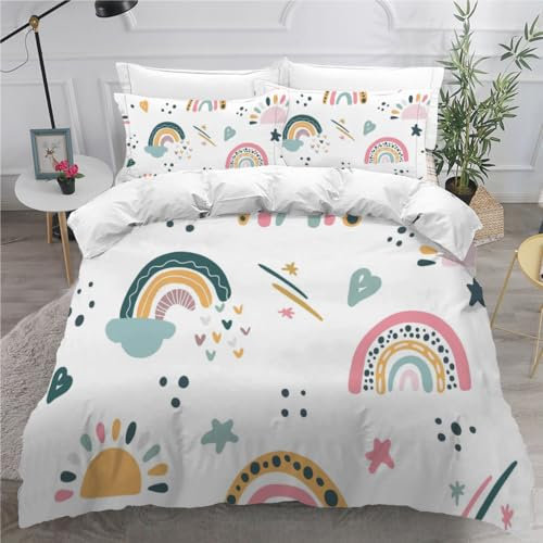 ViriVi Bettwäsche 200x200 3 teilig Bettbezug-Karikatur Bettwäsche-Sets 200x200 Mikrofaser mit 2 Kissenbezüge 80x80cm,Bettwäsche Set Muster Regenbogen für Doppelbett mit Reißverschluss