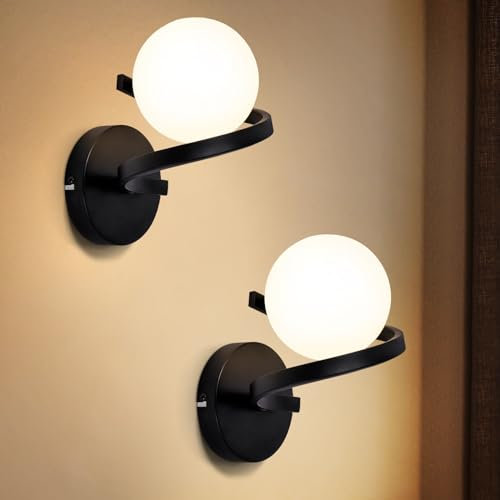 Glitzerlife Wandleuchte 1 Flammig Schwarz Wandlampe - Modern Flurlampe Metall Wohnzimmerlampe G9 Weiß Wandspots Glaskugel Innen Wandstrahler für Schlafzimmer Treppen Kinderzimmer 2ER Ohne Leuchtmittel