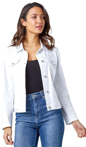Roman Originals Stretch Jacket for Women UK - Ladies Denim Jean Summer Coat Bengaline Casual Smart Utility Trucker Biker Fitted Classic Work Spring Soft Vintage - White - Size 12