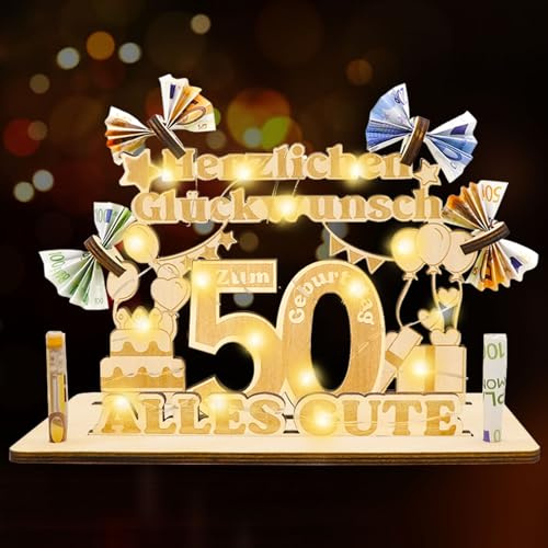 Idota 50 Geburtstag Frau Männer Geschenk - Geldgeschenke Geburtstag, Holz-Schild Gästebuch 50 Geburtstag Deko Geschenke mit LED Lichterketten, Personalisiertes Geschenke, 50 Geburtstag Mann Deko