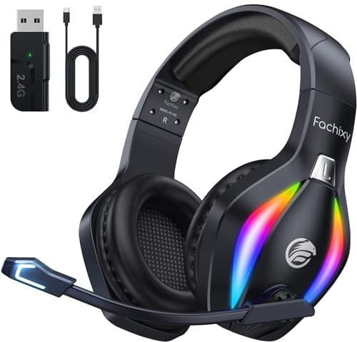 Fachixy「2025 Neu」FC100 Wireless Gaming Headset - 2.4GHz & Bluetooth Kopfhörer mit Mikrofon - 3D Stereo Sound & 40H+ Akkulaufzeit - Für PS4, PS5, PC, Mac, Tablets, Switch, Smartphones, schwarz