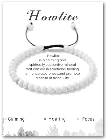 LOCCY Echtes Naturstein Armband für Damen, 4mm Verstellbare Natursteinarmband Perlenarmband Yoga Armband für Fraun Mädchen für Muttertag Geburtstag Valentinstag Weihnachten Geschenke (Howlith)