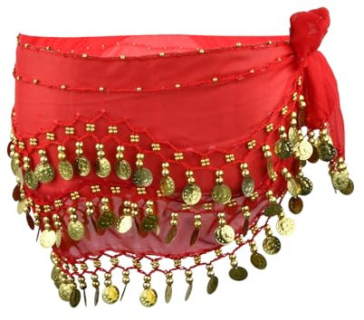 Shengxi Damen Bauchtanz Gürtel, Professionelles Bauchtanz Kostüm Chiffon Hüfttuch mit 128 Goldene Münzen, Sexy Tanztuch Bauchtanz Bauchtanz Rock für Show Party Feier (Rot)
