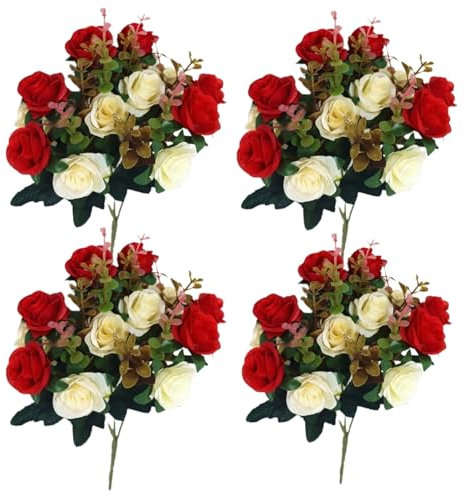 Friedhofsblumen für Gräber 4 Bündel künstliche Rosen 30 cm künstliche Blumen für Gräber 12 Blütenköpfe Gedenkblumen aus Seide für Grabvase Friedhofsdekor rote Grabblumen Friedhofsblumen Friedhof