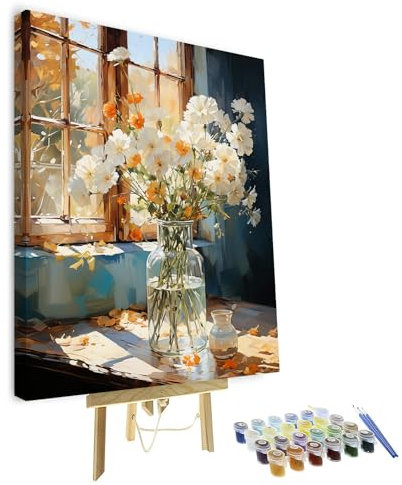 TISHIRON Vase Rahmen Malen nach Zahlen Kits auf Leinwand, DIY Acryl Farbe nach Zahlen Kit für Erwachsene Blumen, Ölmalerei nach Zahlen für Home Wall Decor Bouquet, Kunsthandwerk 40 x 50 cm