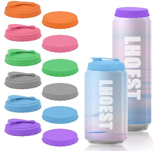 LHOEST Beverage Can Lids for Fizzy Drinks, 12 Piece Silicone Can Covers for Beer Juice Soda Can Lids Silicone Can Tops Covers for Drinks Covers Sealer Cap Can Covers for Tins Reusable 6 Colors