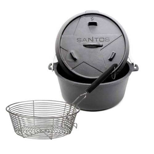 SANTOS Dutch Oven mit Deckel - inkl. Frittierkorb Ø 27,5 x9,5cm - 8,5 L/9 Qt Feuertopf - Gusseisen - ideal für Lagerfeuer, Feuerstelle, Kohle- oder Gas-Grill