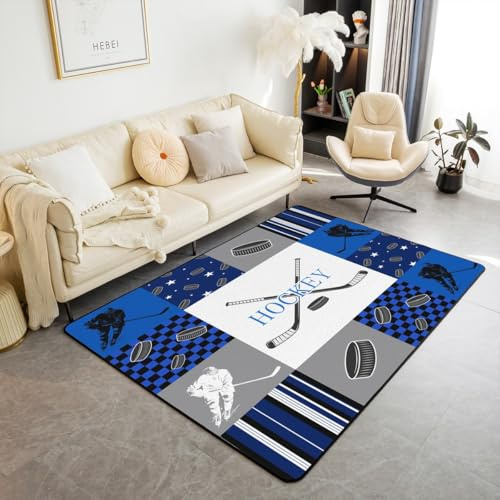 Loussiesd Eishockey Teppich 150x200cm Eissport Spiele Modern Teppich für Schlafzimmer Balkon Jugendliche Hockey Spieler Outdoor Teppich Puck Hockey Küchenteppich Waschbar Weiß Blau Küchenteppich