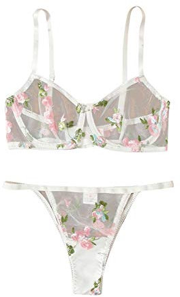 Ensemble Lingerie Sexy Femme Transparent en Tulle Soutien-Gorge et Culotte Assortie sans Armatures Fleur Broderie Nuisette Sexy érotique Hot Dos Nu String Ficelle Dentelle de Nuit (White, XXL)