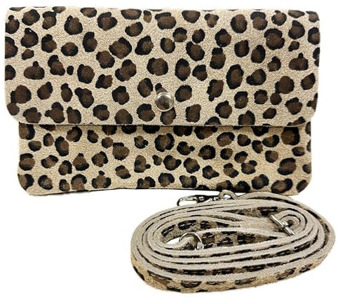 J26 Leopard Rauhleder Veloursleder Leder Tasche Clutch Gürteltasche Crossbody Hüfttasche Bauchtasche Umhängetasche Unisex echtes Leder Leo (Khaki)
