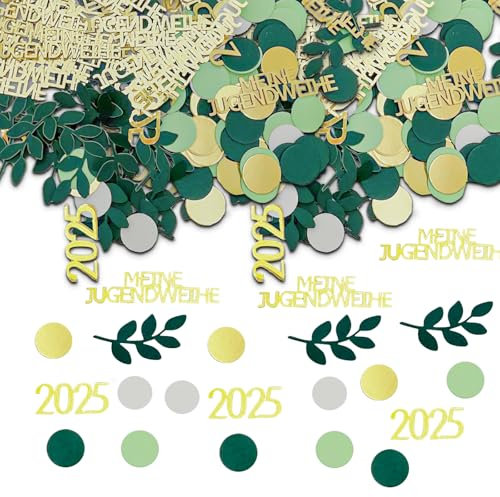 200 Stück Jugendweihe Deko, Hochzeit Deko, Deko Jugendweihe MäDchen, Hochzeitsdeko, Alles Gute zur Jugendweihe Konfetti, Ugendweihe mit BläTter und Punkte Motiven Tischdek GrüN Gold