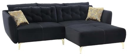 Generisch Ecksofa - 251 x 186 cm - Schwarz - Samt - mit Kissen