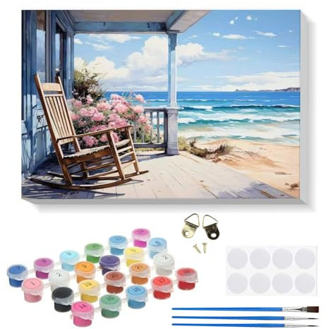 RICUVED Silla de playa Pintura por Números Paisaje para Adultos y Niños 20x30cm - Kit DIY con Marco de Madera, Pinturas al Óleo, Pinceles y Bandas Magnéticas para Decorar Tu Casa