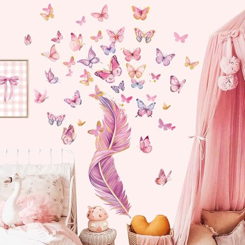 decalmile Wandsticker Feder Groß Wandtattoo Rosa Schmetterling Wandaufkleber Mädchenzimmer Kinderzimmer Babyzimmer Wanddeko