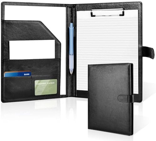 Clipboard Folder A4, Professional PU Leather Portfolio Folder, Legal Pad Holder for A4 Letter Size Notepad, Resume, Writing Pad, Ideal Organizer for Business Office Conference, Black