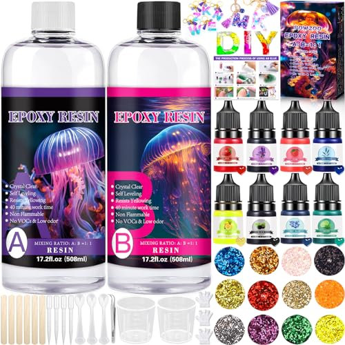 POWZOO Resina epossidica con indurente 1016 ml, set di resina epossidica trasparente, con vernice, bacchette di legno, guanti, misurino, 1: 1 rapporto per progetti artistici, creazione di gioielli