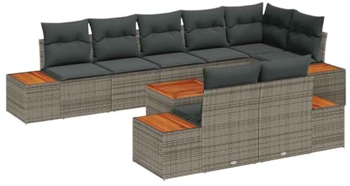 vidaXL 9-teiliges Gartensofa-Set mit Kissen in Grau, aus Poly Rattan und Akazie - Outdoor-Möbel für Terrassen und Gärten. Perfekt für modulare Sitzgelegenheiten und Lounge-Arrangements.