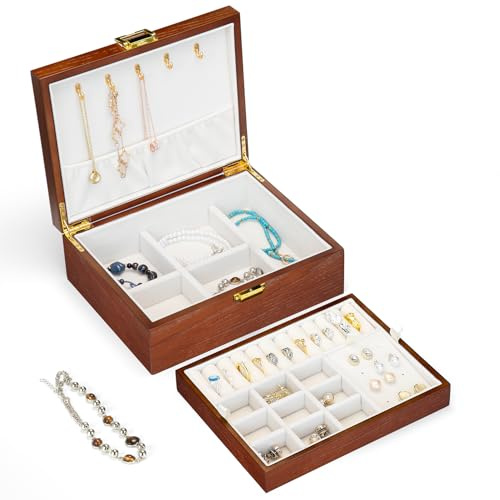 Slege Schmuckkästchen aus Holz für Damen,Handgefertigt Schmuckkasten mit Tablett,Schmuckaufbewahrung Mädchen,Abnehmbare Schmuckschatulle,Schmuck Organizer für Ring,Ohrringe,Halsketten,Armbänder