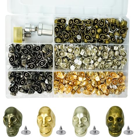 Trimming Shop Kit di borchie a testa di teschio da 9 mm x 15 mm con set di fustelle per macchina verde, 400 rivetti in metallo per fai da te, pelle, giacche, jeans, abbigliamento gotico, borse e