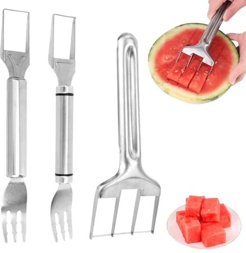 3pcs Stainless Steel Watermelon Cutter Set, Dual-Head 2-in-1 Watermelon Fork Slicer with Triple-Cut Melon Baller Summer Fruit Cutter for Kitchen Camping Party Essentials Tool