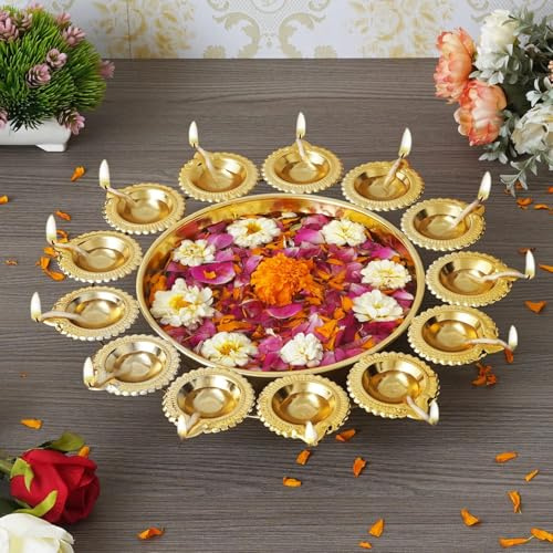 SWACRAFT Decorative Urli Bowl for Home Metal Handcrafted for Floating Flowers and Tea Light Candles Home | Office and Table Decor| Urli Bowl Tealight Holder for Diwali Decoration Items (35.5 CM)