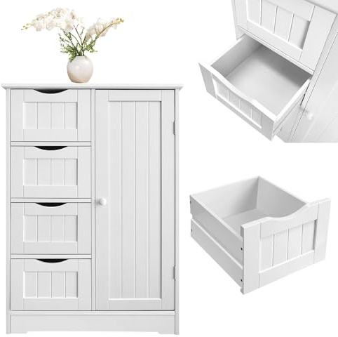 White Bathroom Cabinet with 4 Drawers and 1 Door, Adjustable Shelf, Wooden Chest of Drawers for Bedroom, Freestanding Cupboard Organiser Storage Unit for Small Space Bathroom, Living Room, Kitchen