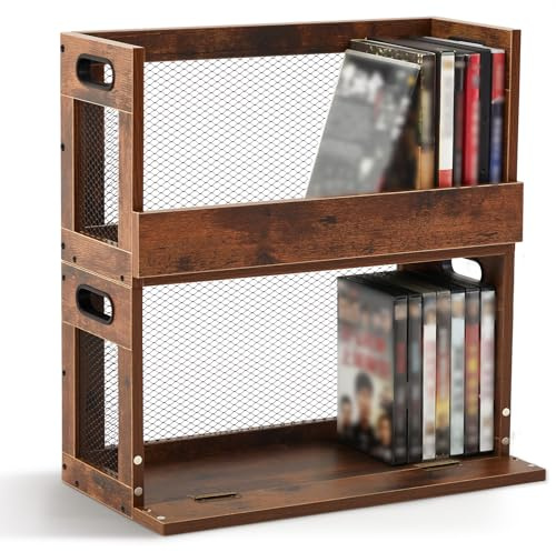 Jetec 2 Set Metal & Wooden DVD Storage Box Movie Holder Shelf Tape Display Racks with Carrying Handles, Organizer Shelf for Video Game Cases, CDs, Each Set Can Store Up to 26 Pcs DVDs