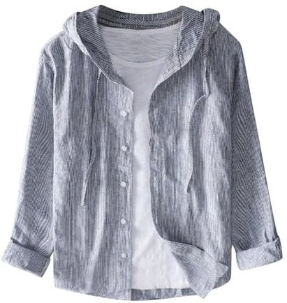 Generisch 2025 primavera estate uomo moda sciolto sole manica lunga camicia di lino tinta unita maglione blu scuro