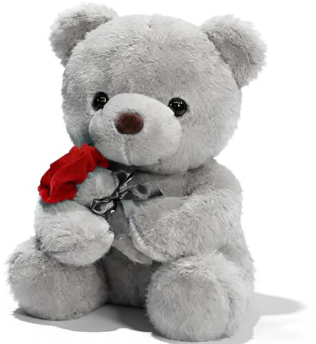Teddybär, Plüsch-Bär, 45cm Teddy mit Rose, Stofftier Teddy, Teddybären Rosen Stofftier, Kuscheltier Spielzeug Dekozimmer Kissen, Schmusetier Geschenke Für Mama, Kinder, Liebhaber, Valentinstag (Grau)