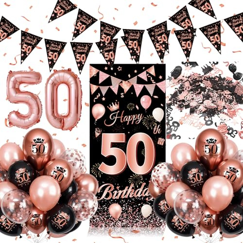 Palloncini 50 Anni Compleanno Rosa Nera, 50 Anni Compleanno Donna, Decorazioni 50 anni con Festone Buon Compleanno, Coriandoli, Palloncini in Lattice di Alluminio, Regalo Donna 50 Anni
