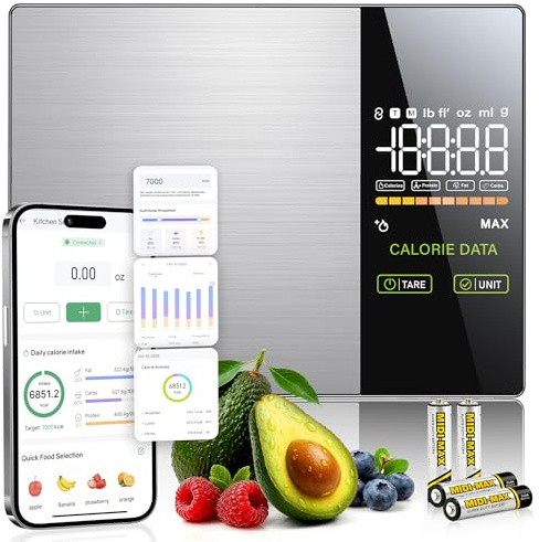Smart Food Scale with Nutritional Calculator with 23 Nutrients Tracking&LED Display,Bluetooth Sync to Fitdays+ App,Stainless Steel,5KG Capacity,Calorie Counting for Calorie Control&Fitness Goal,Silver