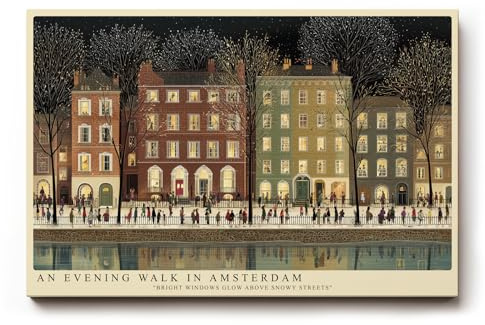 Paul Sinus Wandbild 90x60cm An Evening Walk in Amsterdam – Winterliches Stadtmotiv mit Spaziergängern entlang verschneiter Straßen, beleuchtete Häuser am Kanal