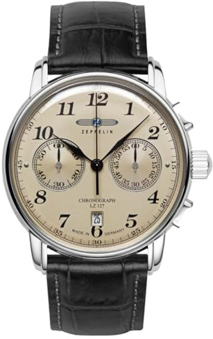 Zeppelin 7678-5 LZ129 Hindenburg Chronograph Herrenuhr – Edelstahl silberfarben – Champagner Zifferblatt – Lederband – Japanisches Quarzwerk – Made in Germany
