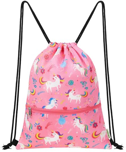 WAWSAM Einhorn Turnbeutel kinder, Rucksack mit Kordelzug für Mädchen | Wasserdichte Sportbeutel für Sport und Strand, Schwimmtasche kinder mit Reißverschlusstasche für Geburtstag Geschenk