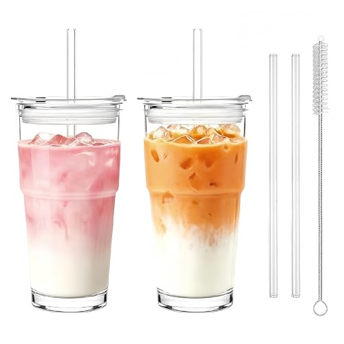 MEETOZ 600ml Glass Tumbler with Lid and Straw, 2 Pack Reusable Iced Coffee Cup, Clear Leakproof Tumbler Cup for Smoothies, Juice, Coffee, Cocktail, Soda, Milk, Ice Water, Matcha