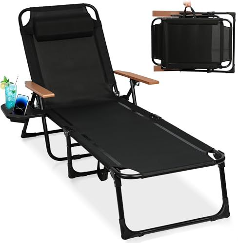 KaO0YaN Sonnenliege Klappbar mit Armlehne und Verstellbarer Rückenlehne, Liegestuhl Balkon mit Getränkehalter, belastbarkeit 150 kg, Outdoor Liege für Garten, Balkon & Strand