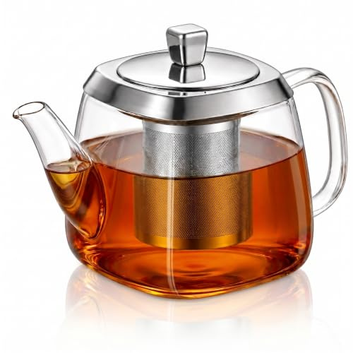 Glass Teapot with Infuser 1300ml – Large Borosilicate Tea Pot with Removable Stainless Steel Strainer for Loose Leaf Tea, Blooming Tea & Tea Bags – Stovetop Safe for Daily Brewing & Afternoon Tea