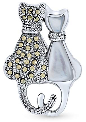 Broche De Chaton Mignon Assis Noir Et Blanc En Marcasite Pour Femmes Argent Sterling .925 Avec Nacre Blanche