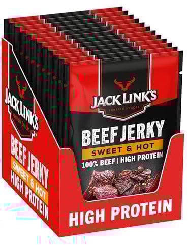 Jack Links Beef Jerky Sweet & Hot – 12er Pack (12 x 25g) – Trockenfleisch Eiweiß Snacks - High Protein Snack für Gym, Fitness, Outdoor - American Food für Menschen - Dörrfleisch Chips aus Rind Fleisch