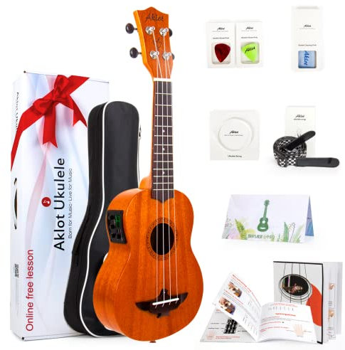 Aklot Soprano Eléctrico Ukelele Caoba Maciza de 21 Pulgadas Ukulele con Curso Gratuito Online,Sintonizador incorporado, kits de inicio (bolsa, cuerdas adicionales, correa, libro resistente, púas)