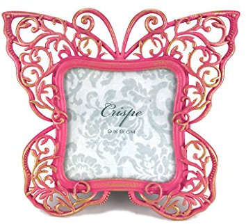 Crispe Bilderrahmen Schmetterling in Pink mit antikgoldenen Verzierungen, aus hochwertigem Metall gegossen, Bildausschnitt 9 x 9 cm - Größe 17 x 14,7 x 1,4 cm Rahmen Bild Foto Barock