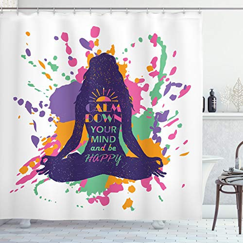 ABAKUHAUS Modern Duschvorhang, Glückliche Wörter Ruhe, Stoffliches Gewebe Badezimmerdekorationsset mit Haken, 175 x 200 cm, Dunkel Violett