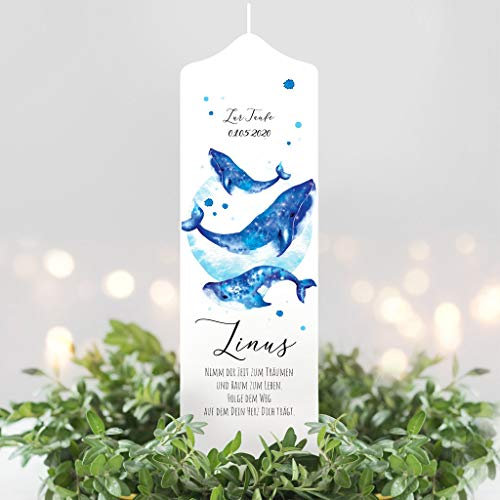 Wandtattoo Loft Taufkerze Junge oder Mädchen Wal Kerze Blau weiße Kerze zur Taufe, Geburt Kommunion weiß 25 x 7 cm mit Name, Datum, ggf. Taufspruch/Taufkerze 25 x 7 cm (abgebildeter Taufspruch)