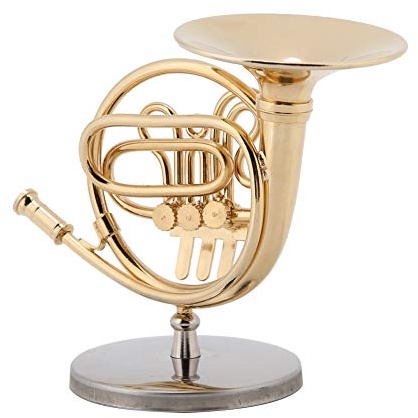 GLOGLOW French Horn Model, 4in Miniature Golden French Horn Replica with Stand, Brass Musical Instrument Model Ornament, Christmas Birthday Gift