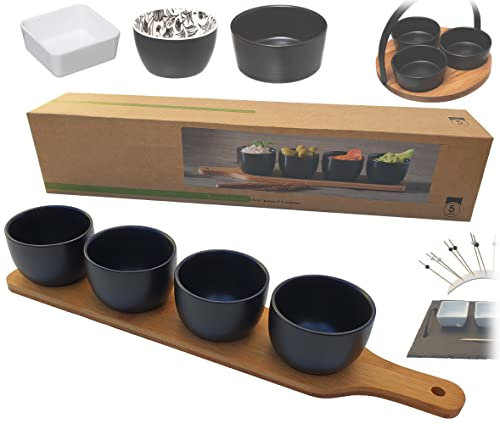 Premium Snackschalen Set auf Holz mit Griff, Servierschalen, Creme Brulee Schälchen, Dessertschalen Saucenschälchen für Dip Dipschalen Snackteller Souffle Förmchen Servierteller Vorspeisen