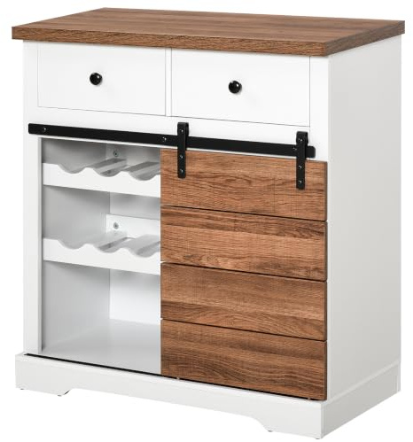 HOMCOM Küchenschrank Sideboard mit 2 Schubladen Weinregale Schiebetür Kommode verstellbaren Ablagen Aufbewahrungsschrank rustikal Weiß 80 x 39 x 86 cm