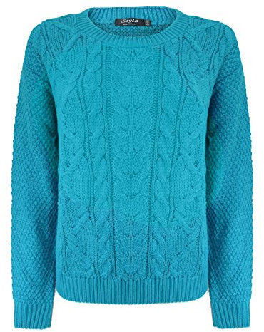 Generation Fashion New Ladies Cable Knit Crew Round Neck Long Sleeve Women Knitted Jumper Sweater [Truquoise,ML]
